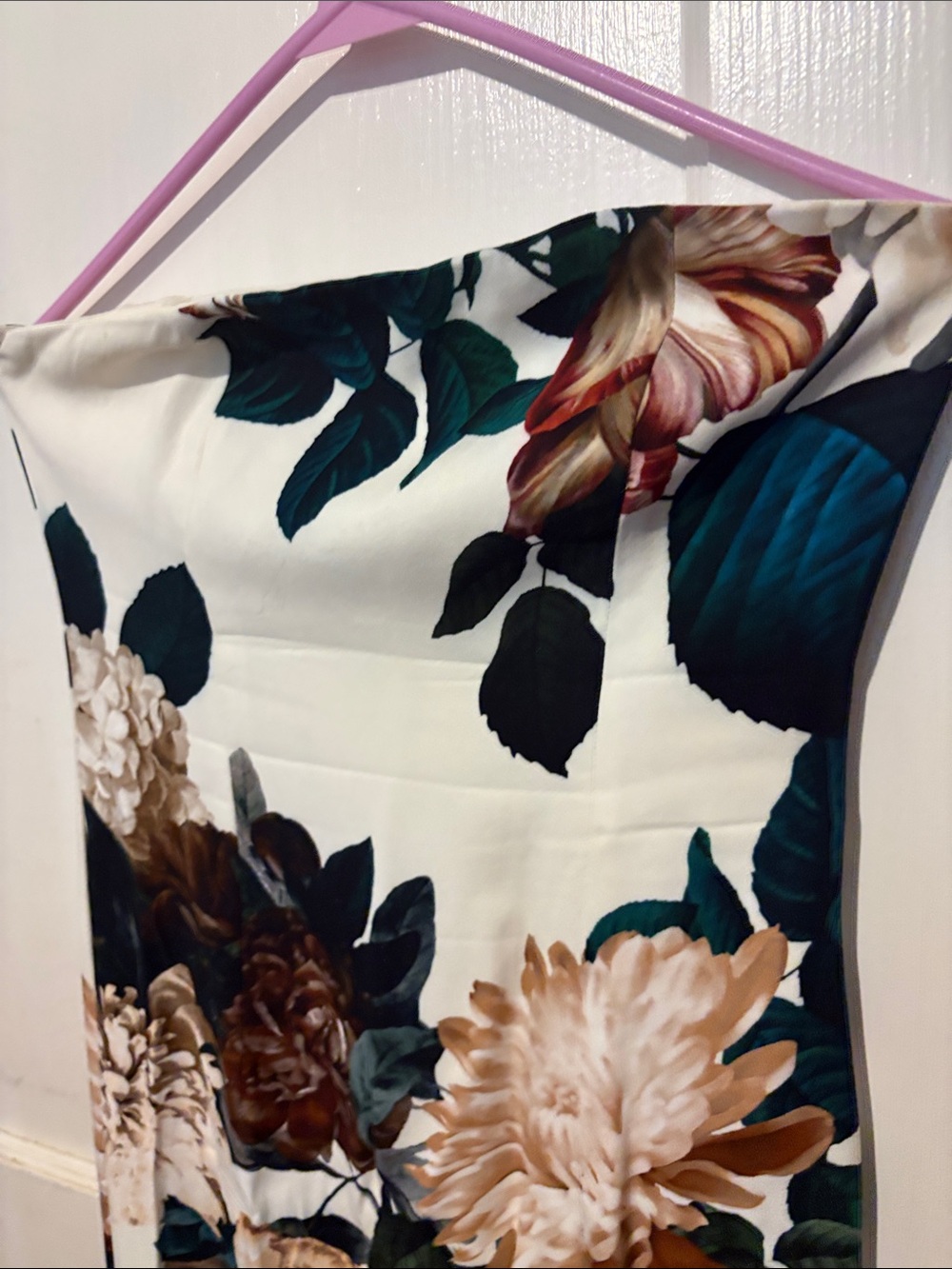 Floral Satin Strapless Maxi Dress in Cream, Teal & Brown